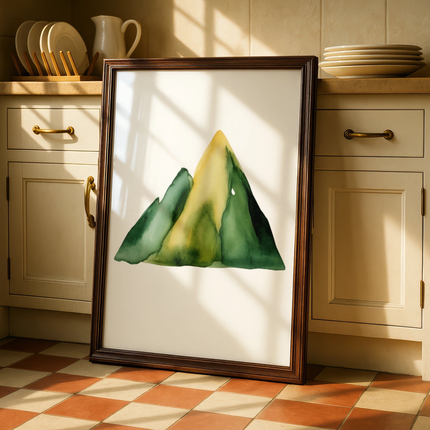 Watercolour Mountain Nursery Wall Art, Green Yellow Nature Print, Kids Room Poster