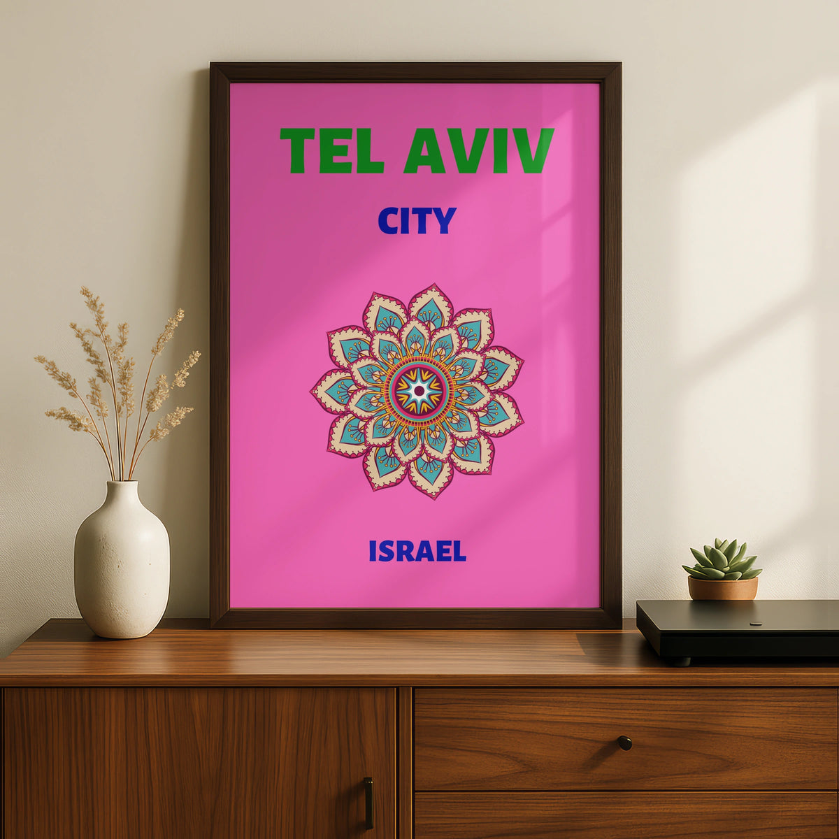 Tel Aviv Travel Poster, Israel Wall Art, Mandala Print, Retro City Decor, Bold Pink
