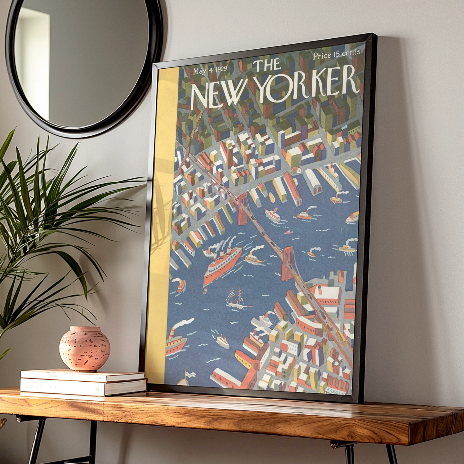 New Yorker 1929 Cover Poster, Brooklyn Bridge Aerial View, Vintage NYC Wall Art