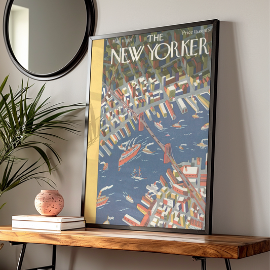 New Yorker 1929 Cover Poster, Brooklyn Bridge Aerial View, Vintage NYC Wall Art