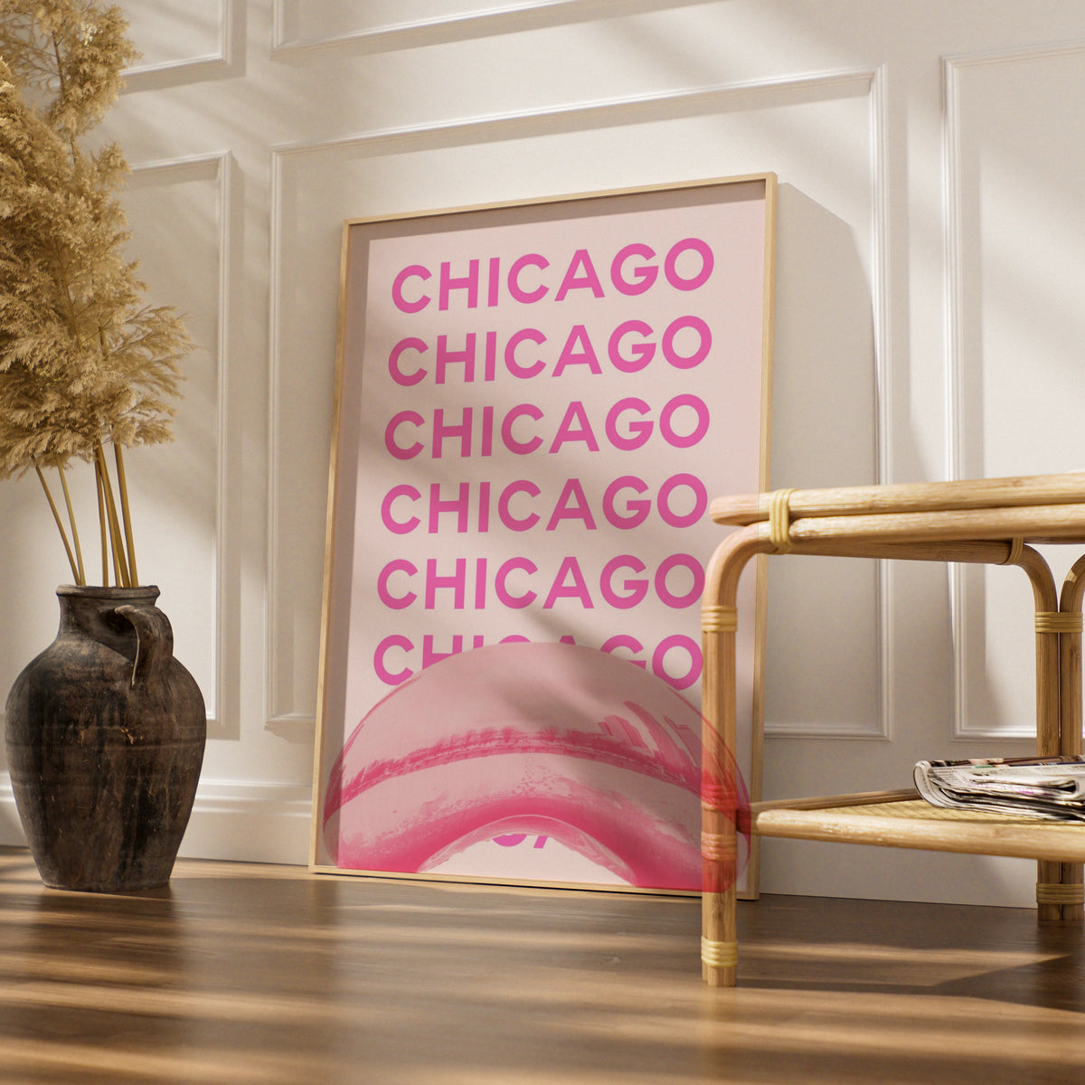 Chicago Travel Poster Pink Wall Art, Illinois City Print, Retro USA Travel Decor