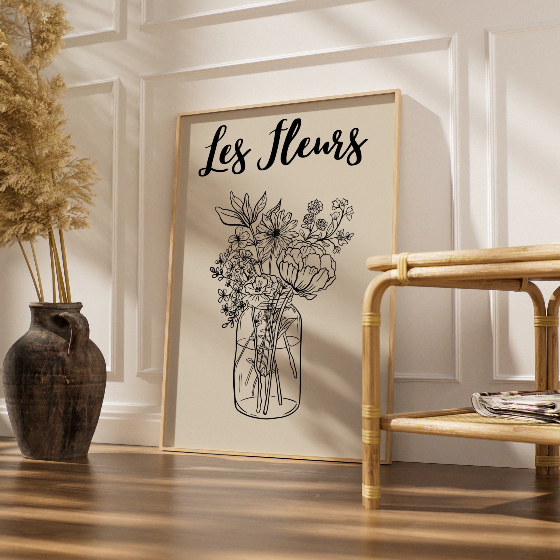 Les Fleurs Botanical Flower Poster, Wildflower Bouquet Wall Art, French Floral Print, Beige