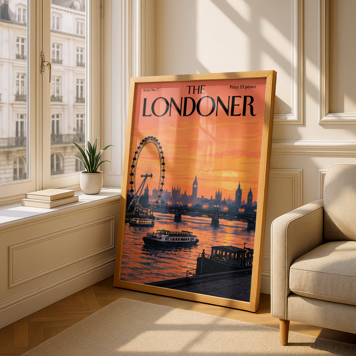 London Skyline Sunset Poster, Thames River Wall Art, Retro Magazine Cover Art Print, Orange Decor