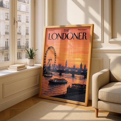 London Skyline Sunset Poster, Thames River Wall Art, Retro Magazine Cover Art Print, Orange Decor