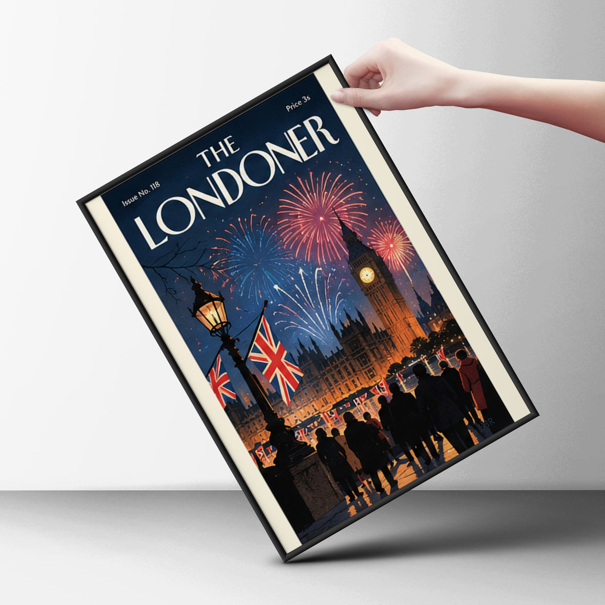 London Fireworks Poster, Big Ben Wall Art, Vintage Magazine Cover Art Print, Night Skyline Union