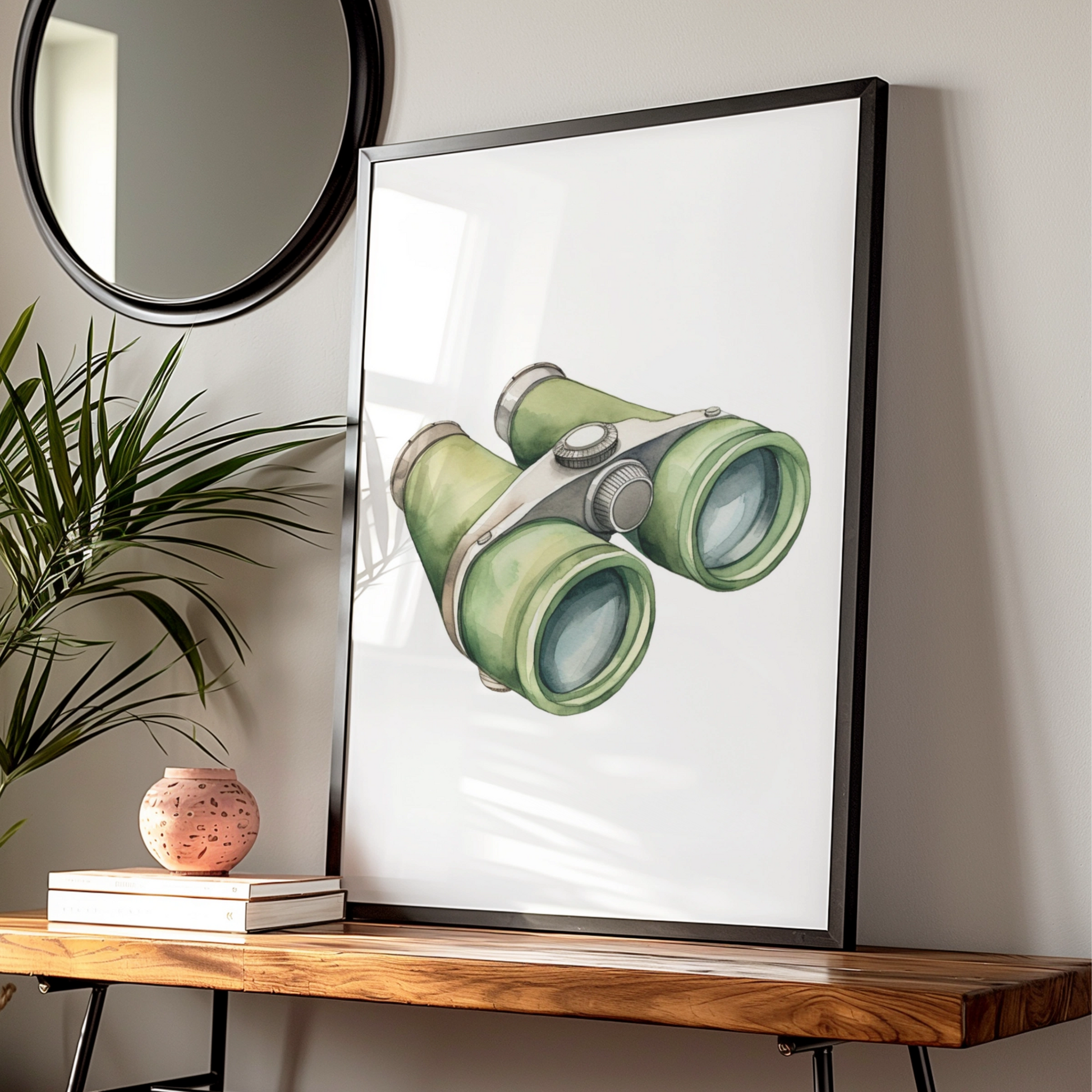 Binoculars Nursery Wall Art, Watercolour Adventure Print, Green Kids Room Poster