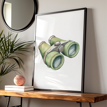 Binoculars Nursery Wall Art, Watercolour Adventure Print, Green Kids Room Poster