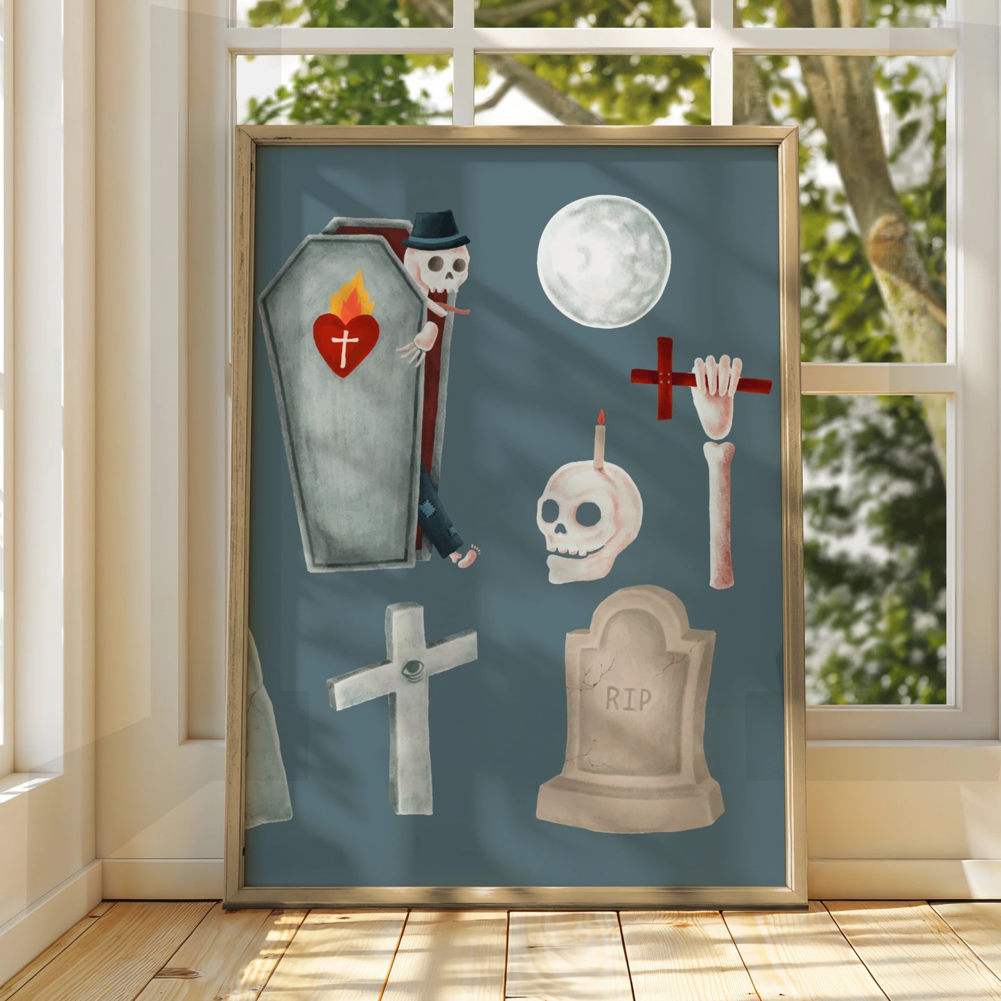 Halloween Ghost Skeleton Coffin Poster, Spooky Graveyard Wall Art, Skull RIP Print