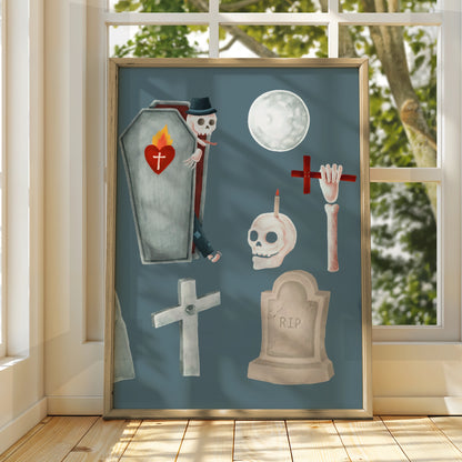 Halloween Ghost Skeleton Coffin Poster, Spooky Graveyard Wall Art, Skull RIP Print