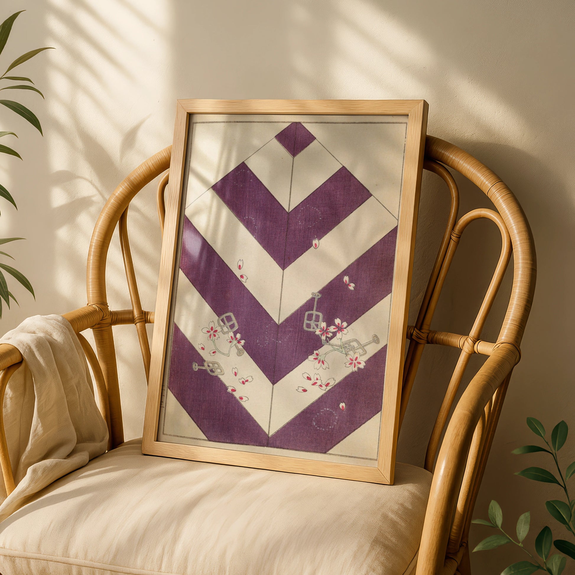 Japanese Woodblock Wall Art, Vintage Bijutsukai 1901 Purple Chevron Cherry Blossom Print – A5 White frame