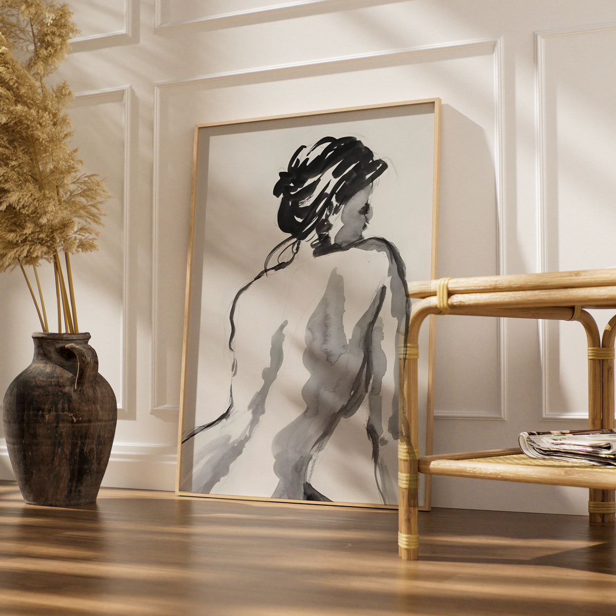 Female Figure Ink Sketch Print, Monochrome Wall Art, Minimalist Black and White Poster