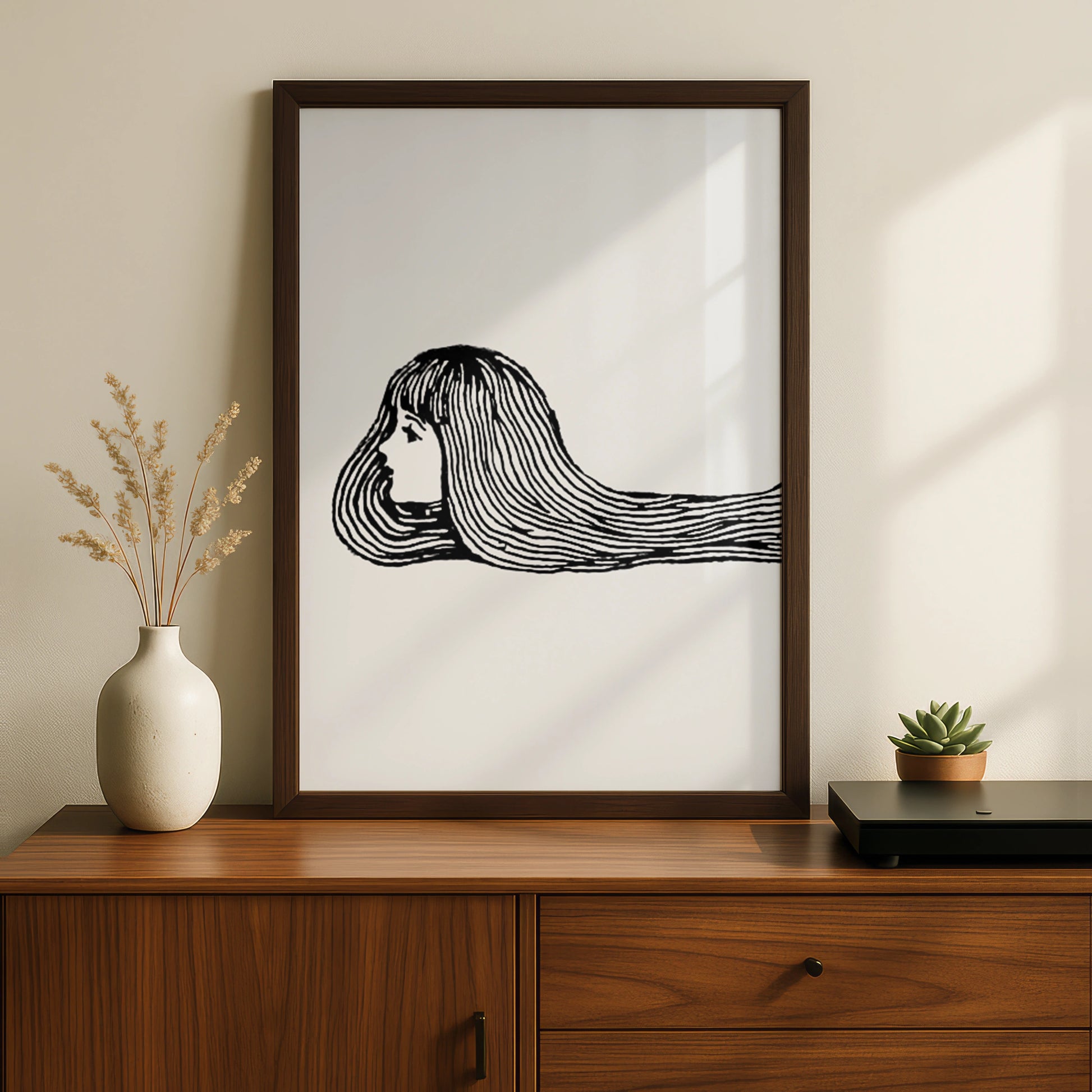 Halloween Witch Hair Poster, Creepy Girl Line Art Print, Black White Spooky Wall Art