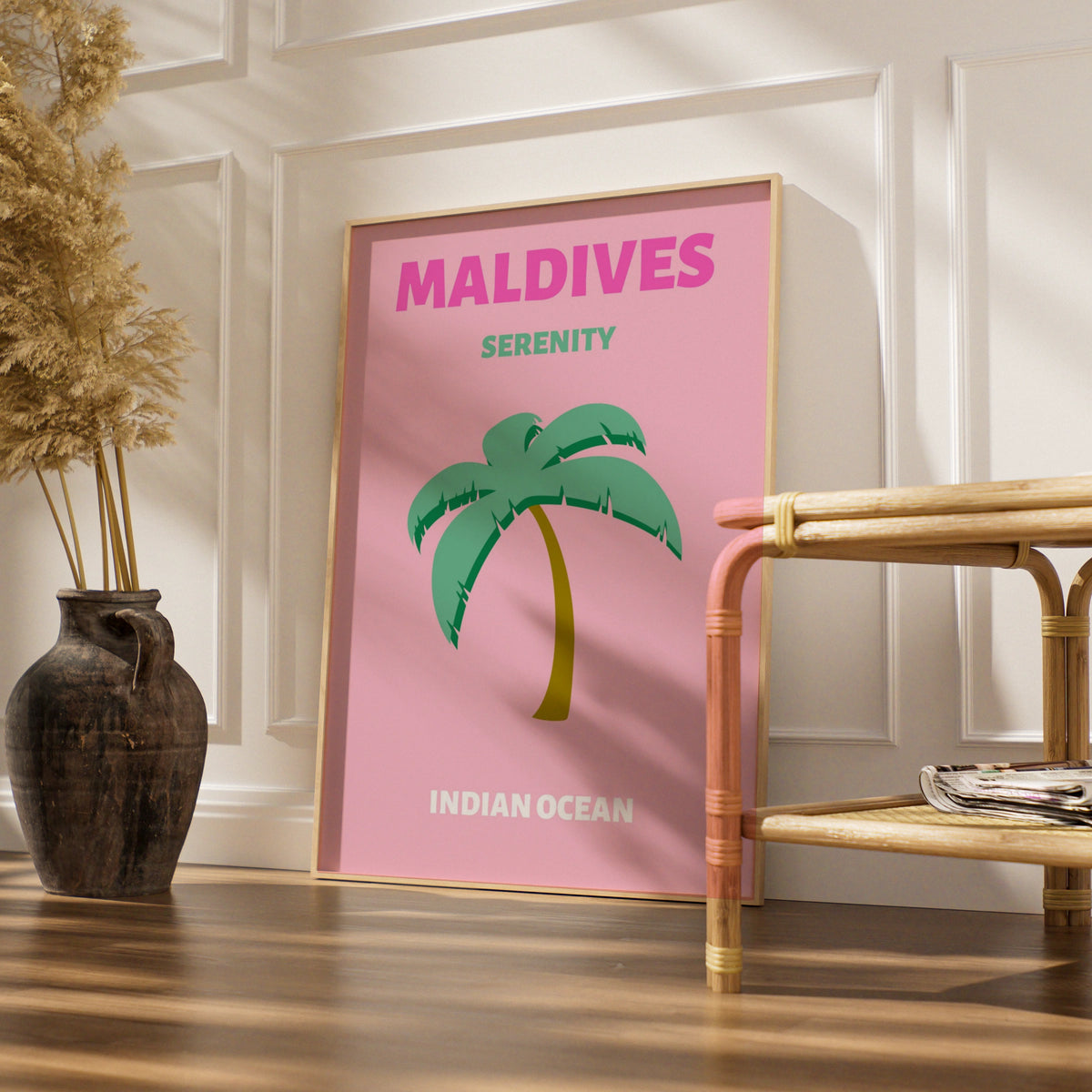 Maldives Travel Poster, Indian Ocean Wall Art, Retro Palm Tree Print, Pink Tropical Decor