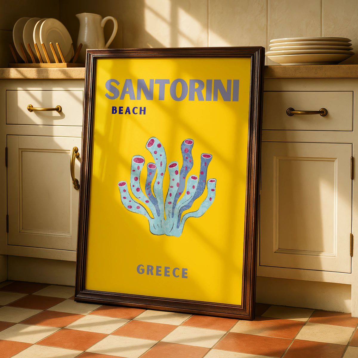 Santorini Beach Greece Travel Poster, Retro Greek Island Wall Art, Unique Coral Print