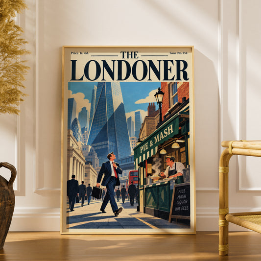 London Poster, Vintage Magazine Cover Wall Art, City Skyline Pie and Mash Art Print, Living Room