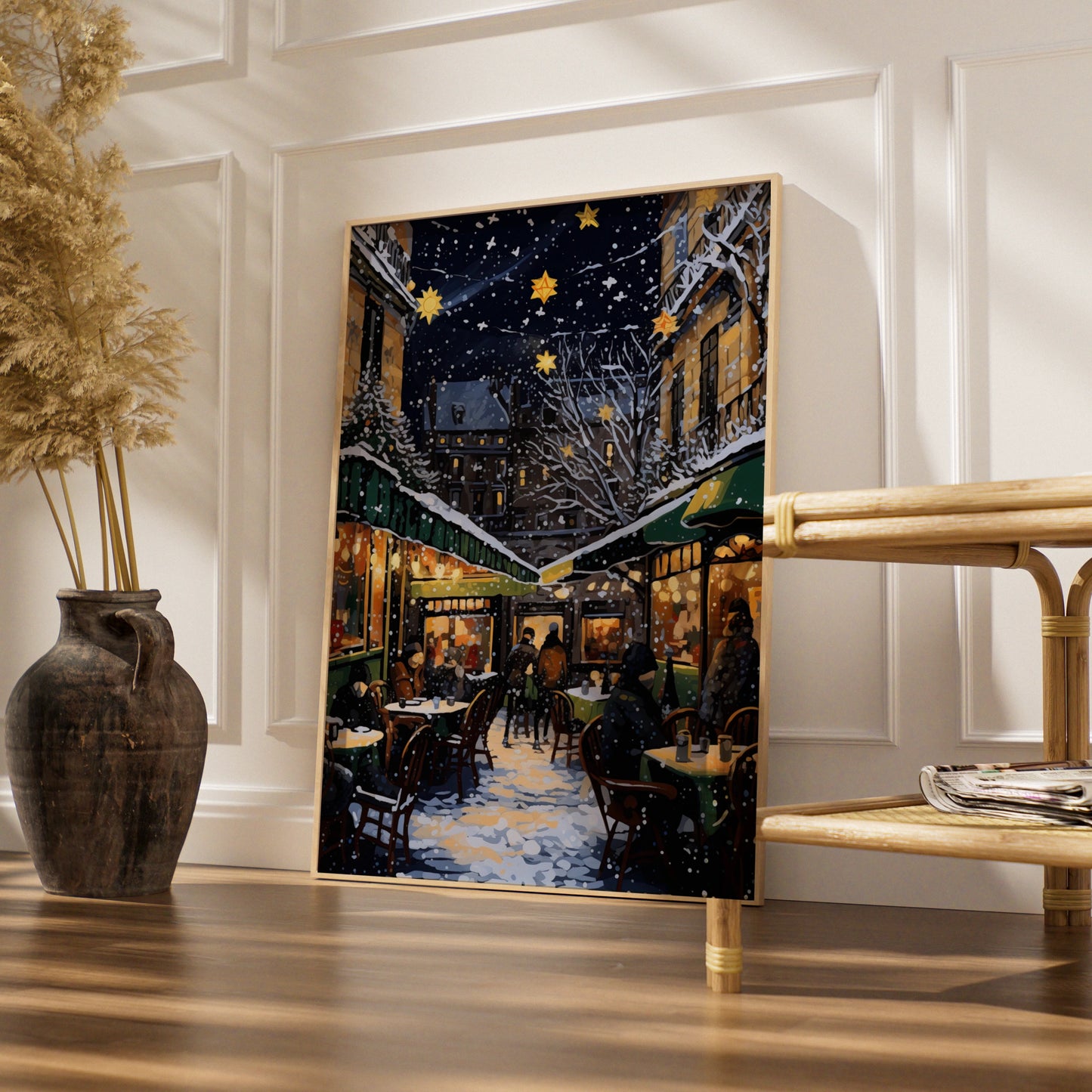 Christmas Market Poster, Snowy Night Street Scene, Festive Star Lights Wall Art Print
