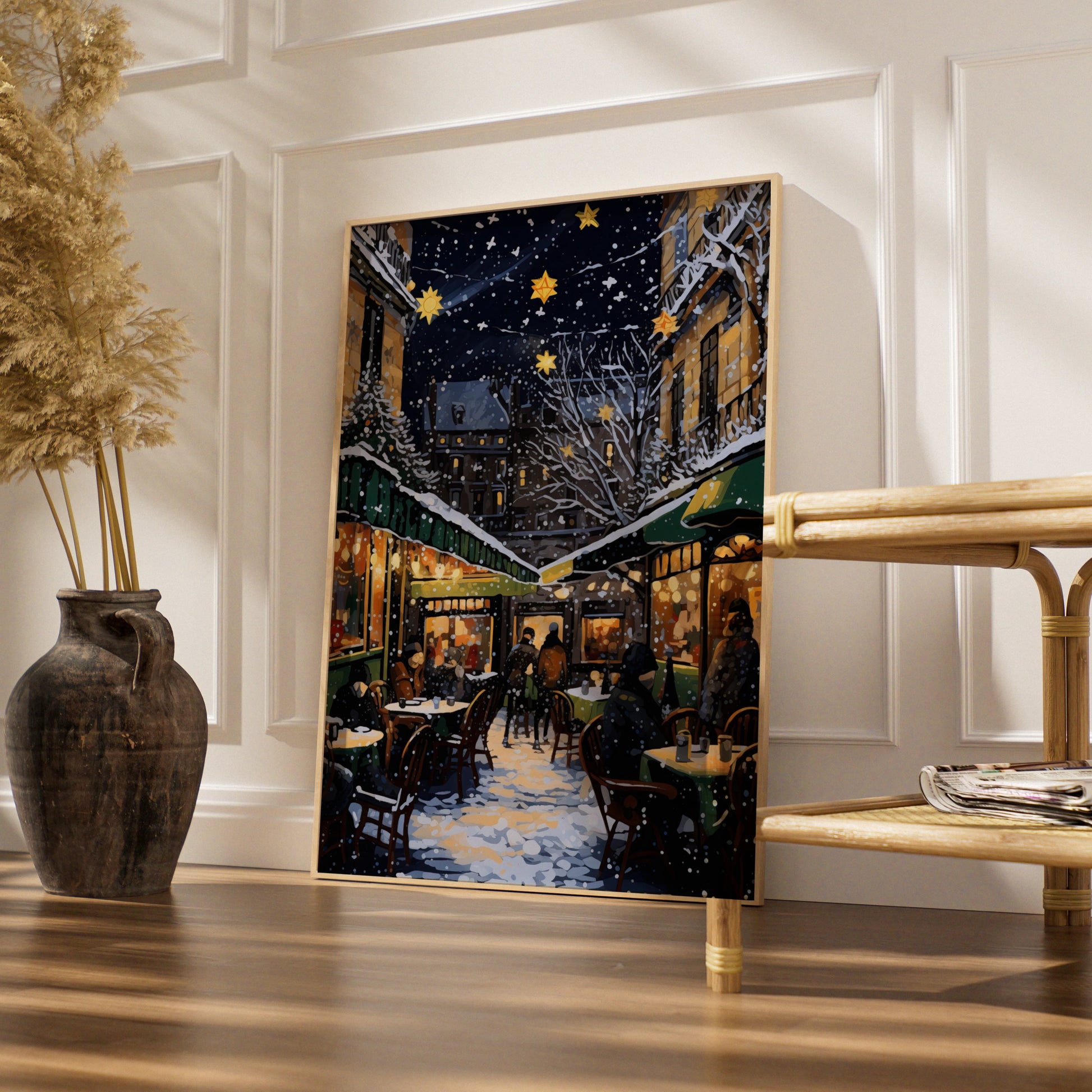 Christmas Market Poster, Snowy Night Street Scene, Festive Star Lights Wall Art Print