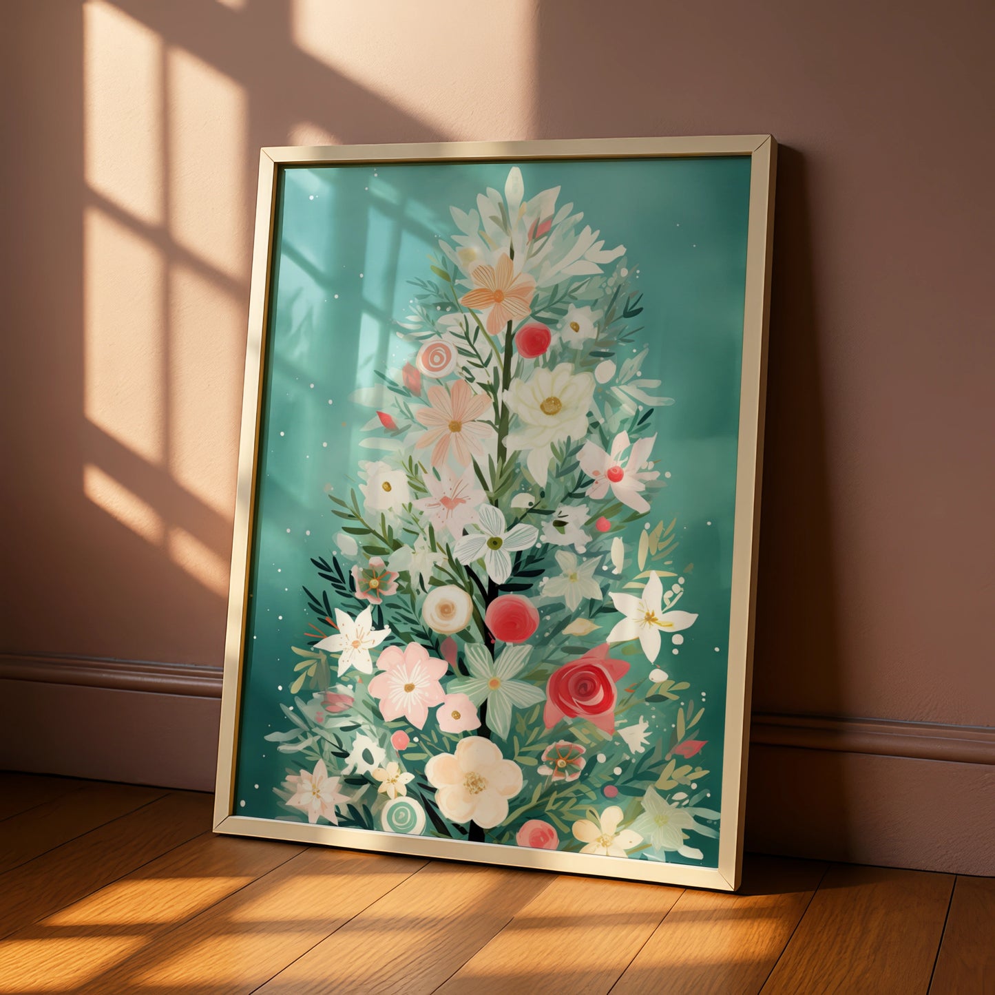 Floral Christmas Tree Poster, Botanical Xmas Wall Art, Pastel Teal Festive Print