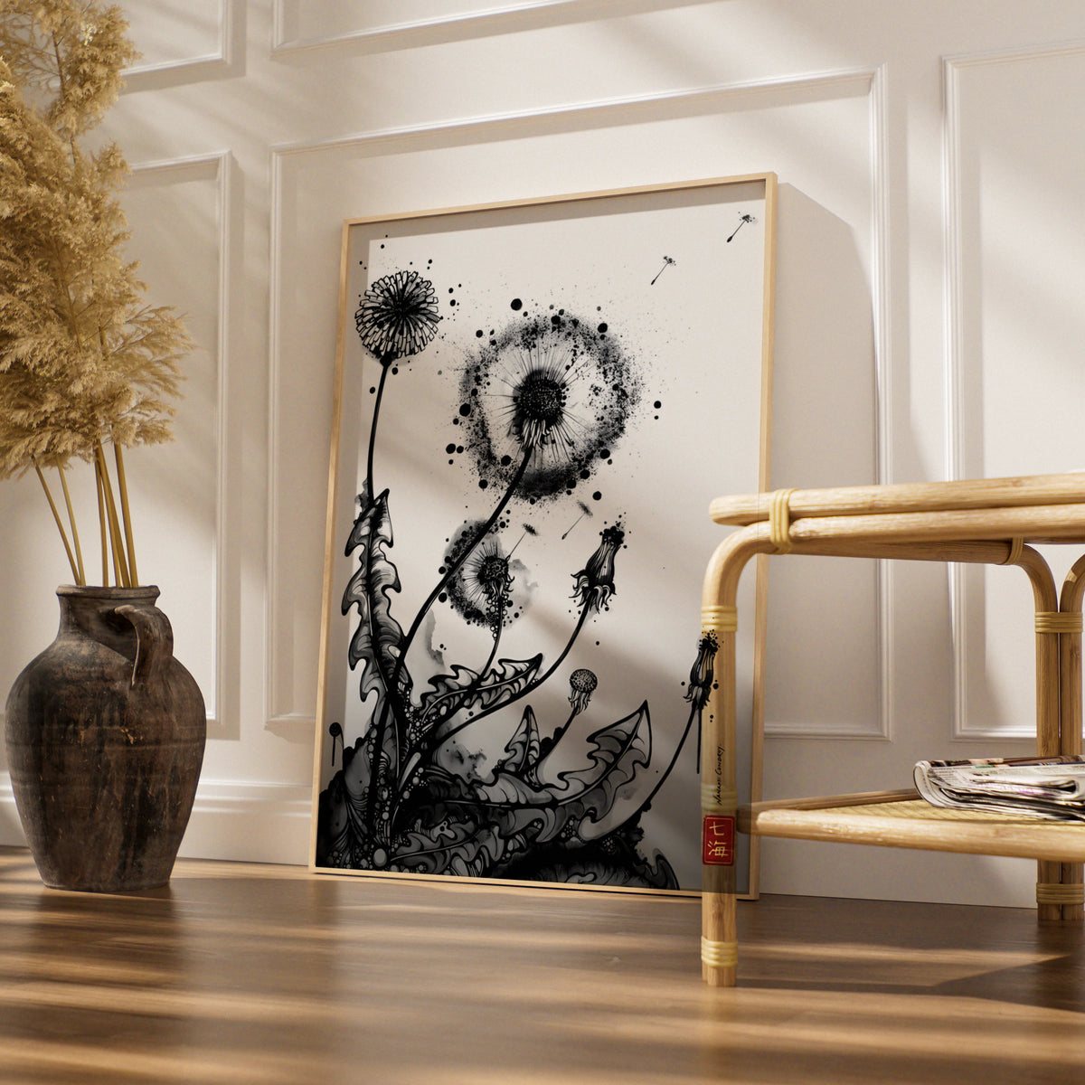 Dandelion Ink Art Print, Black and White Botanical Poster, Monochrome Wall Art, Modern Floral Decor