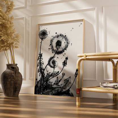 Dandelion Ink Art Print, Black and White Botanical Poster, Monochrome Wall Art, Modern Floral Decor
