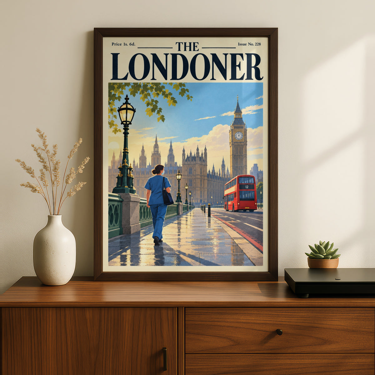London Poster, Westminster Big Ben Wall Art, Vintage Magazine Cover Art Print, Red Bus, Living Room