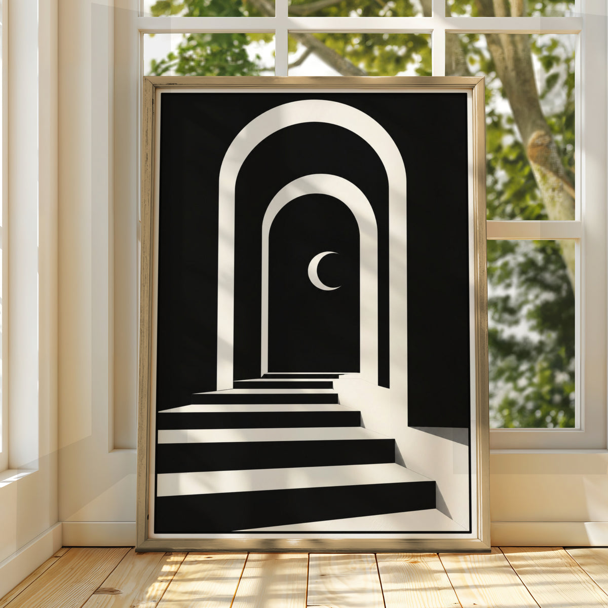 Arch Stairway Crescent Moon Print, Monochrome Wall Art, Minimalist Black White Poster