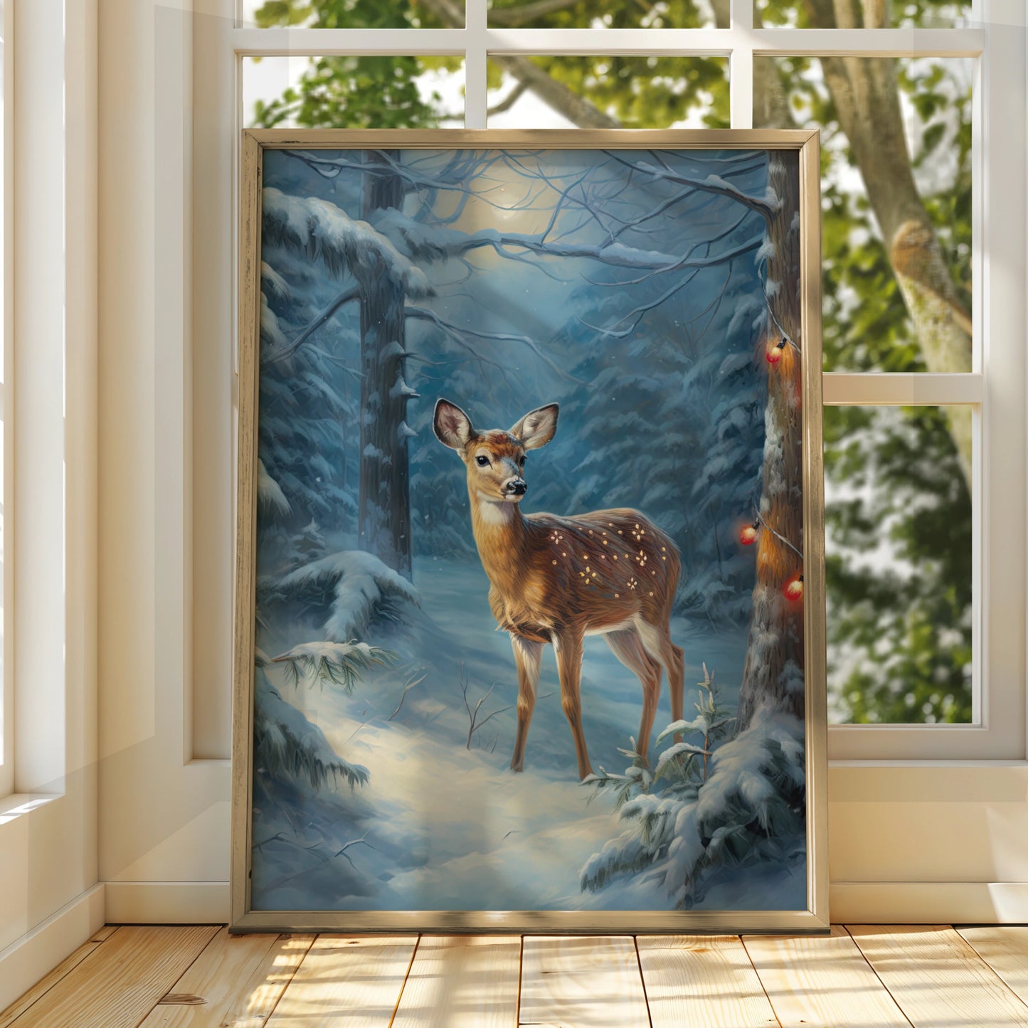 Christmas Deer Poster, Winter Forest Fawn Wall Art, Snowy Woodland Festive Print, Holiday Decor