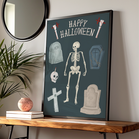 Happy Halloween Skeleton Poster, Spooky Wall Art, Skull Coffin Gravestone Print