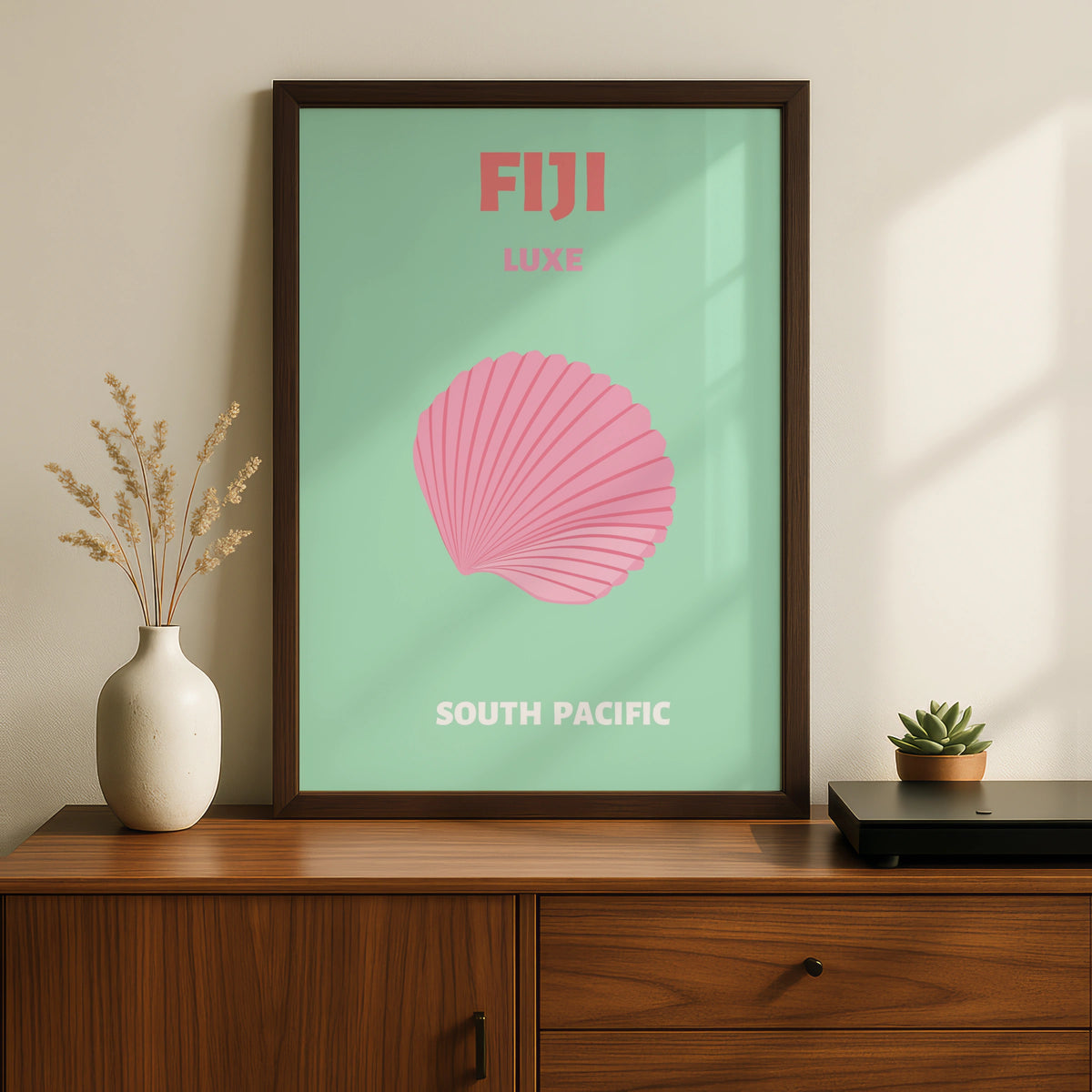 Fiji Travel Poster, South Pacific Wall Art, Retro Shell Print, Mint Pink Coastal Decor