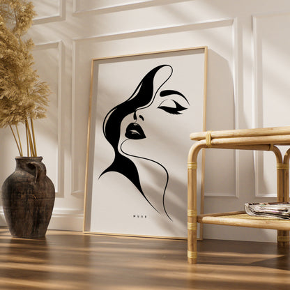 Muse Woman Face Line Art, Monochrome Wall Art, Minimalist Black and White Poster, Gallery Wall Print