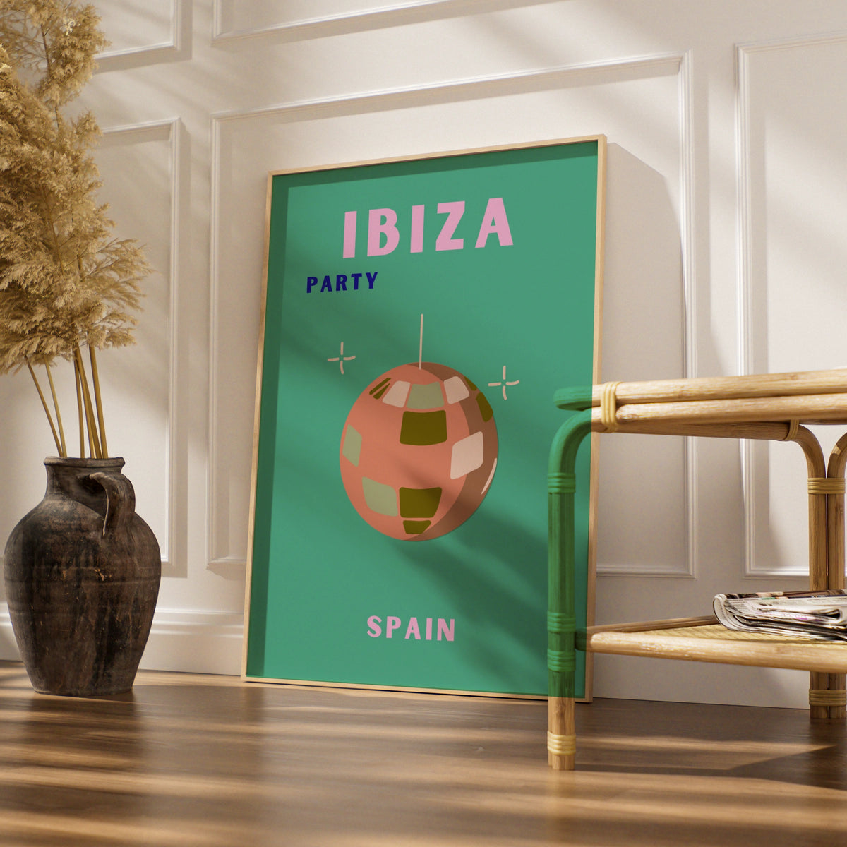 Ibiza Party Travel Poster, Spain Wall Art, Retro Disco Ball Print, Colourful Holiday Poster