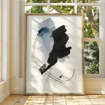 Abstract Monochrome Wall Art, Black Blue Gold Brush Stroke Print, Modern Poster