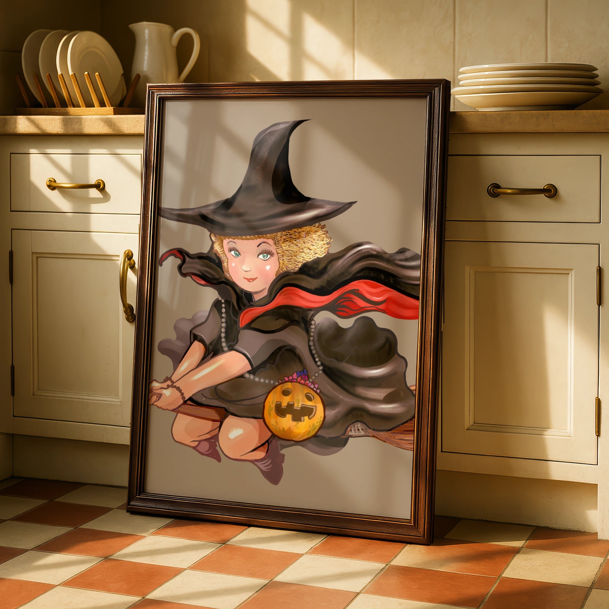 Halloween Witch Poster, Flying Witch Wall Art, Pumpkin Broom Print, Cute Witch Illustration