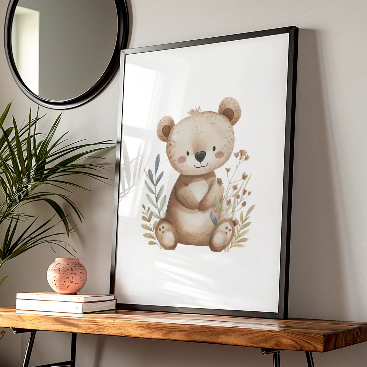 Nursery Wall Art Cute Bear Poster, Woodland Baby Room Decor, Boho Bear Print for Kids