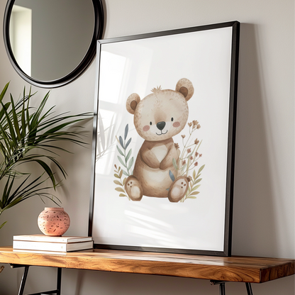 Nursery Wall Art Cute Bear Poster, Woodland Baby Room Decor, Boho Bear Print for Kids