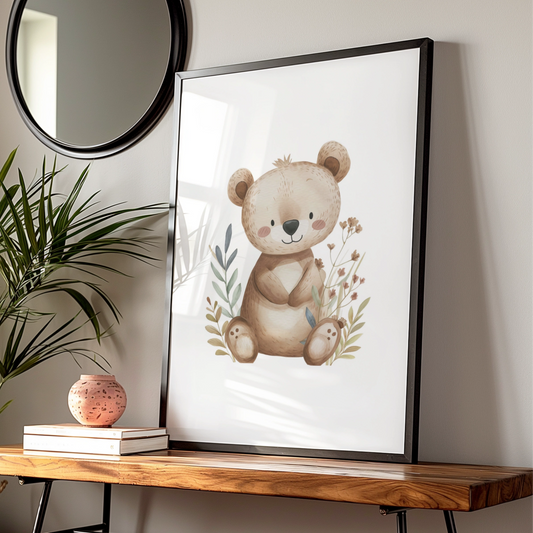 Nursery Wall Art Cute Bear Poster, Woodland Baby Room Decor, Boho Bear Print for Kids