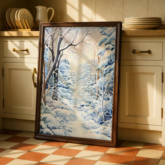 Winter Forest Christmas Poster, Snowy Woodland Wall Art, Blue White Nature Print