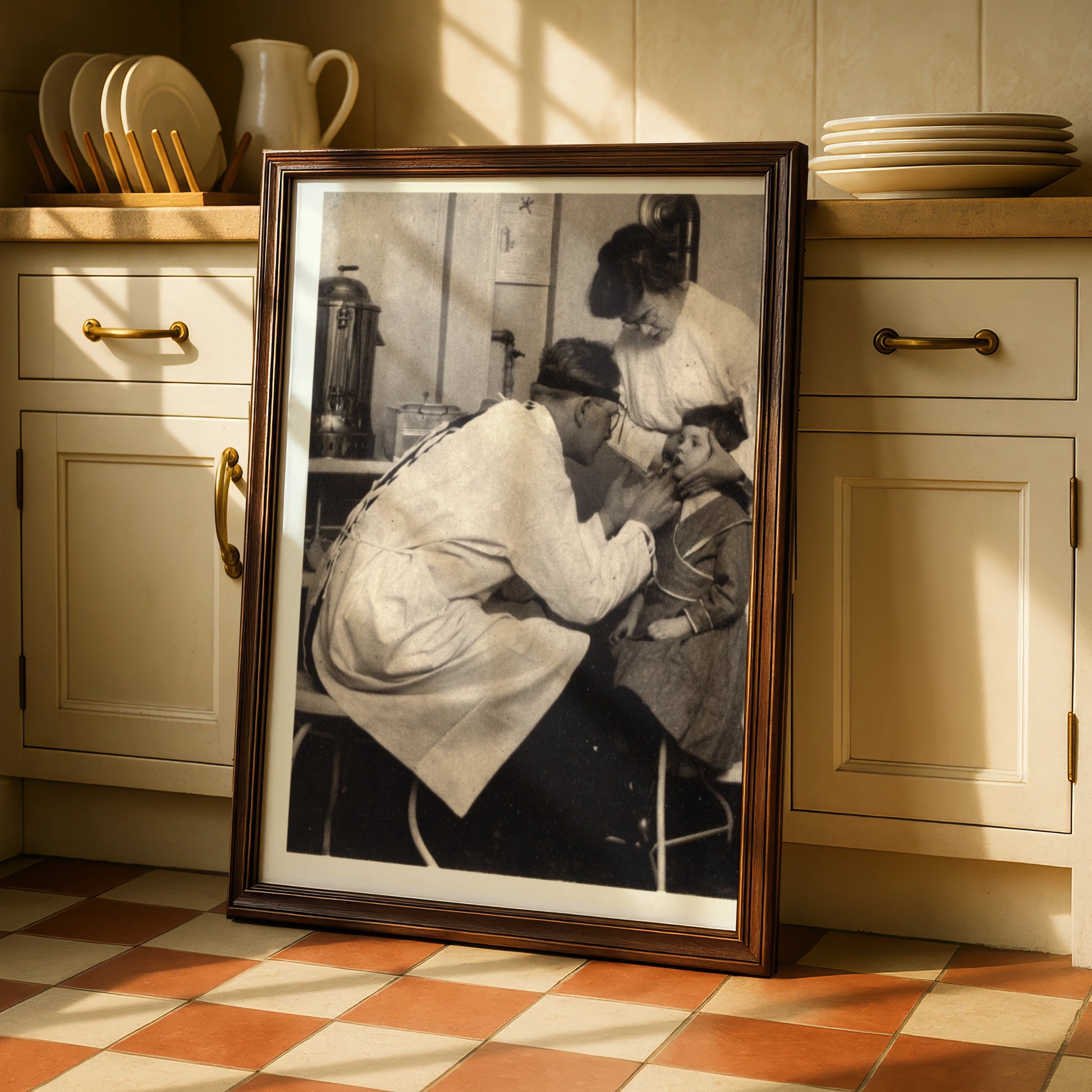 Vintage Doctor Examining Child Poster, Antique Medical Black White Photography Wall Art