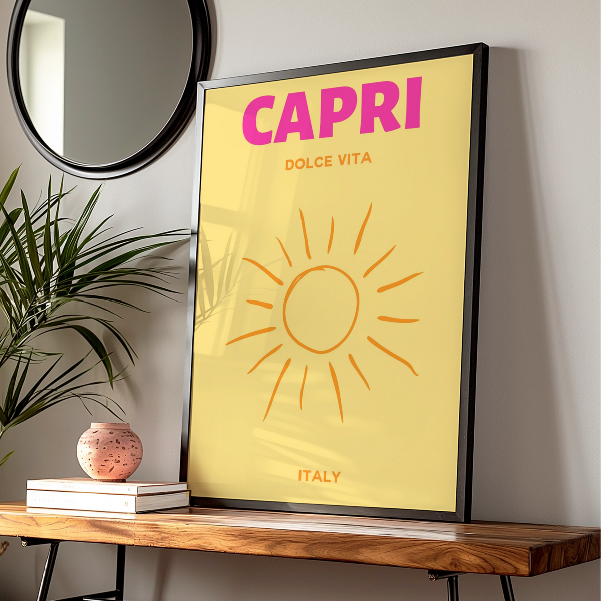 Capri Italy Travel Poster, Dolce Vita Wall Art, Retro Sun Print, Italian Holiday Decor