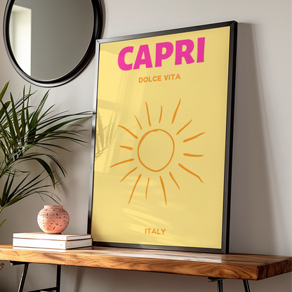 Capri Italy Travel Poster, Dolce Vita Wall Art, Retro Sun Print, Italian Holiday Decor