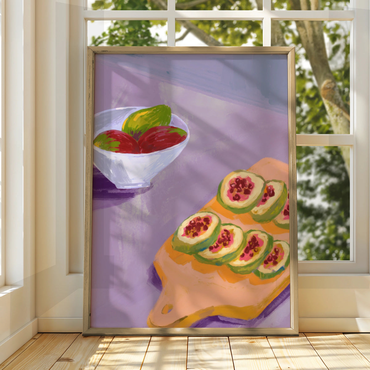 Maximalist Fruit Still Life Poster, Bold Kitchen Wall Art, Fig Cutting Board Print, Colourful