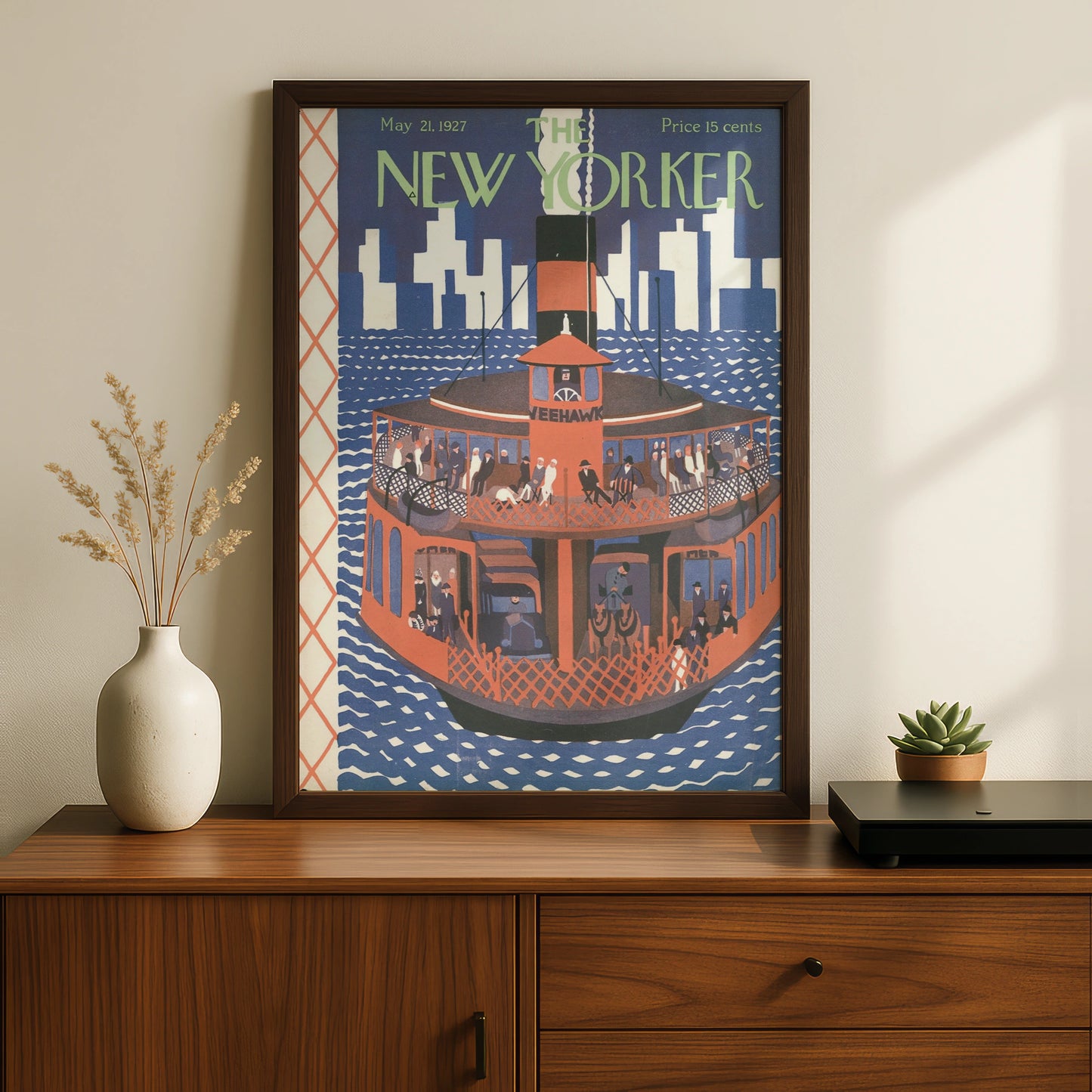 The New Yorker May 1927 Ferry Boat Poster, Vintage NYC Skyline Wall Art Print