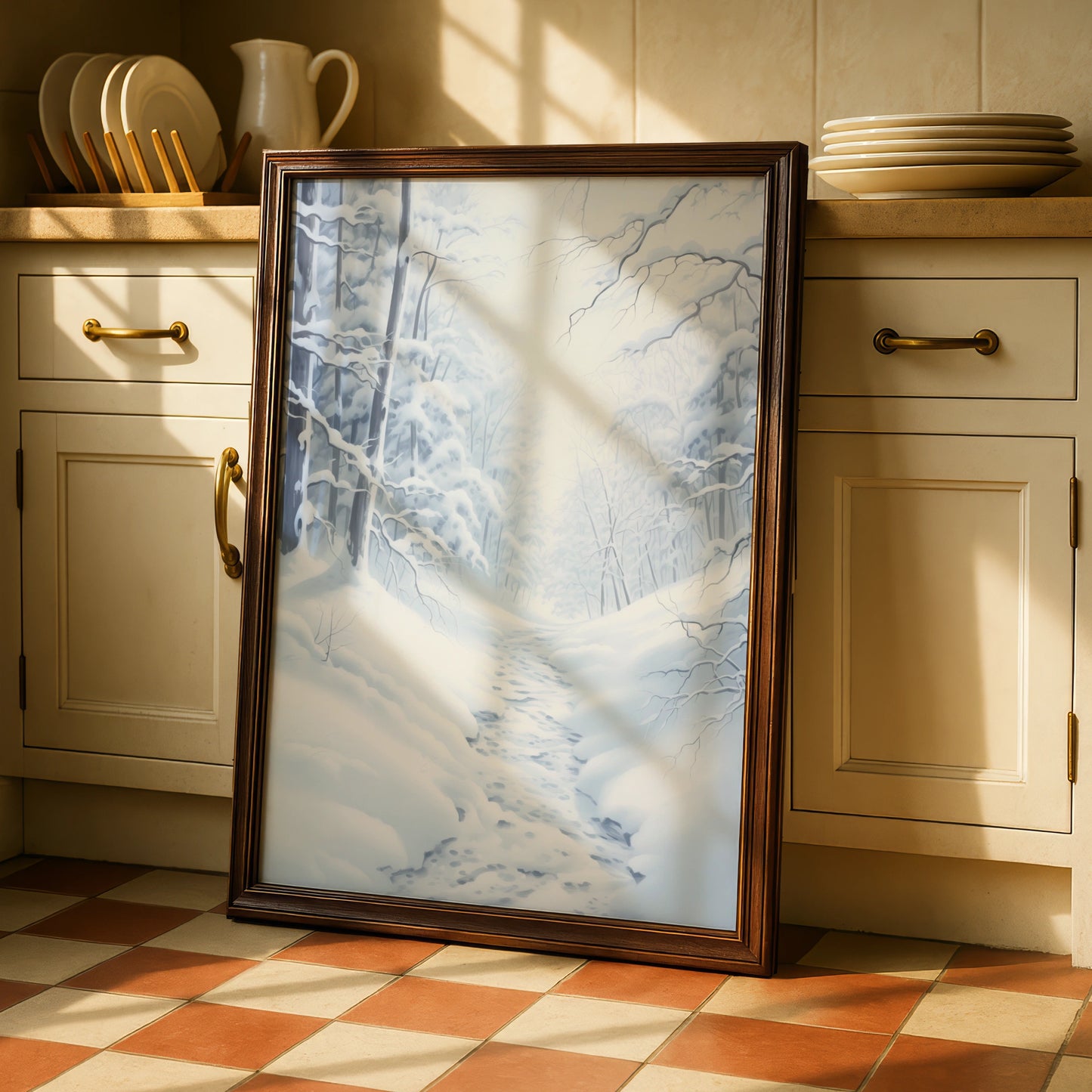 Snowy Winter Forest Christmas Poster, White Blue Woodland Path Wall Art Print