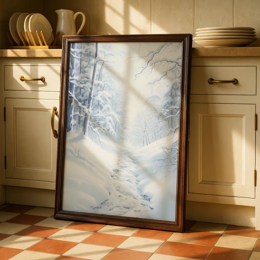 Snowy Winter Forest Christmas Poster, White Blue Woodland Path Wall Art Print