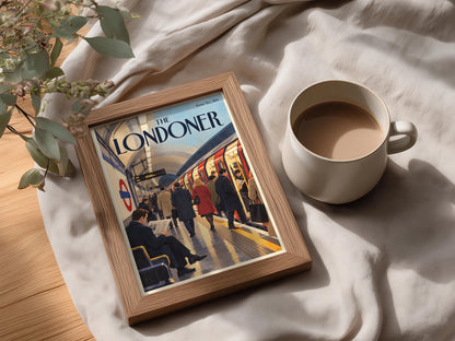 London Underground Poster, Tube Station Wall Art, Vintage Magazine Cover Art Print, Commuter Scene
