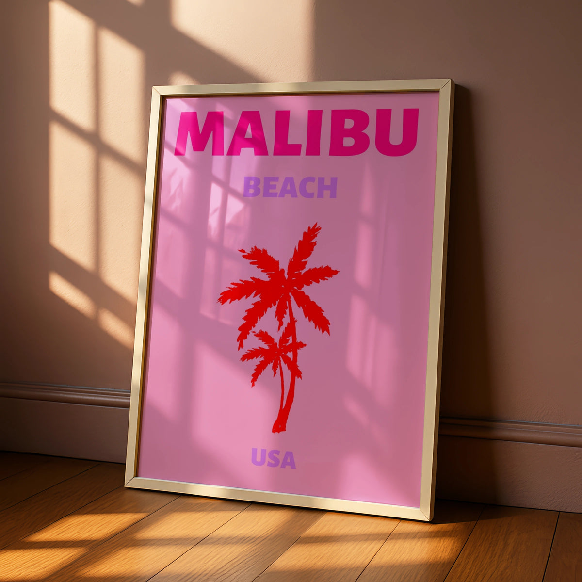 Malibu Beach Travel Poster, California Wall Art, Retro USA Palm Tree Print