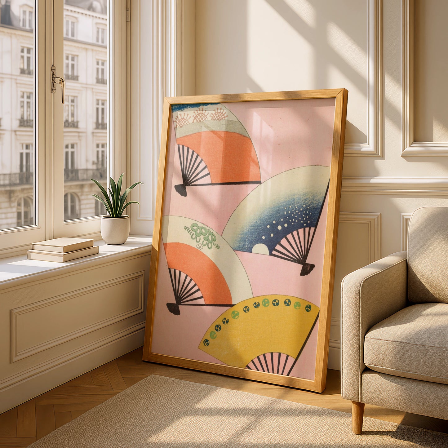 Japanese Fan Art Print, Vintage Woodblock Wall Art, Japandi Poster, Bijutsukai 1901 – A5 Oak frame