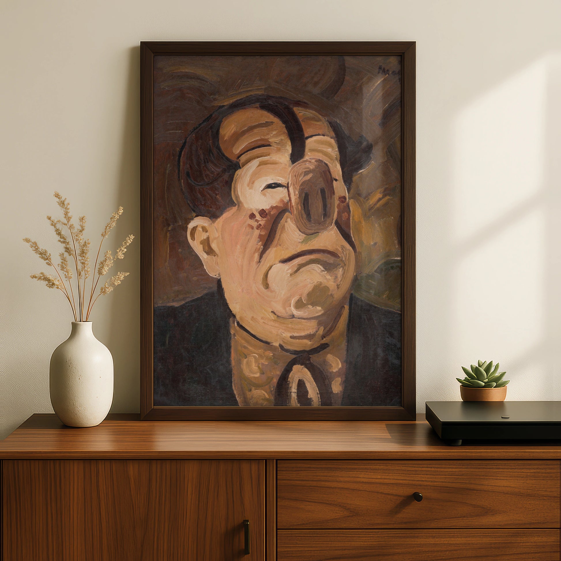 Halloween Cubist Face Poster, Surreal Distorted Portrait Wall Art, Spooky Dark Brown Gallery Print