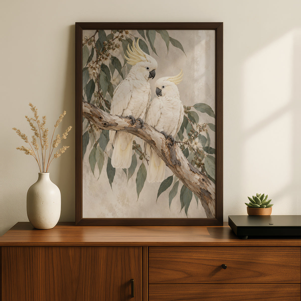 Sulphur-Crested Cockatoo Print, Australian Bird Wall Art, Eucalyptus Botanical Poster