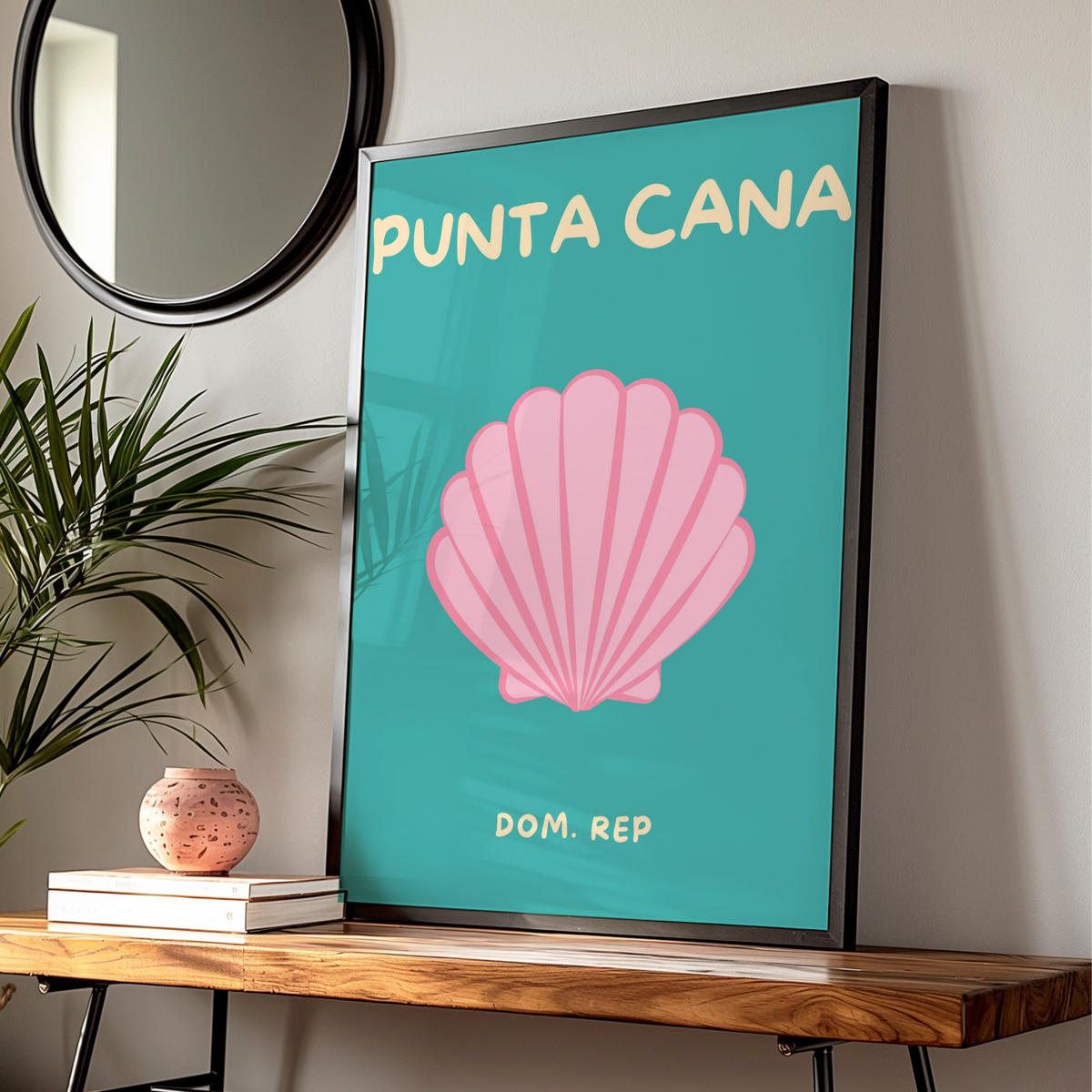 Punta Cana Travel Poster, Dominican Republic Wall Art, Retro Beach Print, Teal Pink Seashell